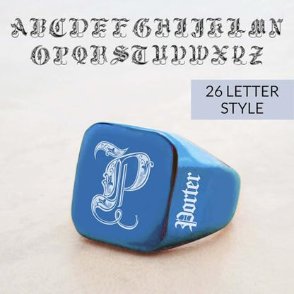 Custom Signet Ring for Men Personalized Initial Ring Custom Mens Rings Engraved Ring Customized Memorial Graduation Gifts for Father Husband Boyfriend Friends - color: Square Blue