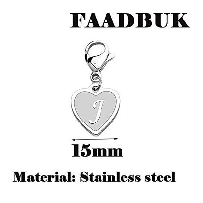 FAADBUK Initial Letter A-Z Alphabet Heart Charms for Jewelry Bracelet Keychain Necklace Initial Stainless steel Clasp Clip on Charm - color: intial J