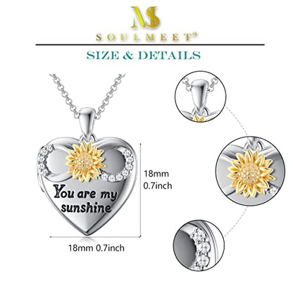 SOULMEET 10K 14K 18K Solid White Gold/Silver Minimalist Style/Infinity Sunflower Heart/Oval Locket Necklace That Holds 1 or 2 Pictures Personalized Photo Locket Necklace Letters Engraving - style: D-Infinity sunflower locket+photo