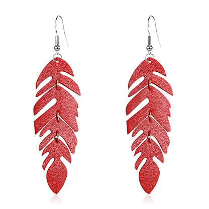 Handmade Unique Lightweight Bohemian Genuine Leather Leaf Dangle Drop Earrings Dainty Sparkly Chain Feather Hook Earring for Women Statement - color: Red