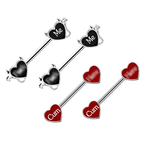 VERAMI 14G 16G Bat Devil Heart Nipple Rings Stainless Steel Heart Nipple Barbell Rings Tongue Rings Body Piercing for Women Men - color: BLACK-RED