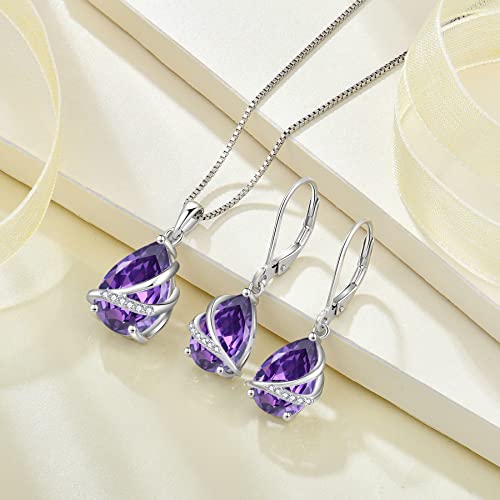 Birthstone Pendant Necklace 925 Sterling Silver Teardrop Jewelry for Women - color: Purple