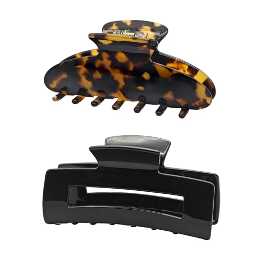 YIERSO Large Hair Claws Clips for Women, 4.33"Acetate Strong Hold Non-Slip | Jumbo Claw Stylish Hair Accessories for Thick/Nomal/Thin Curly Hair, 2Pack - color: Tortoise Black