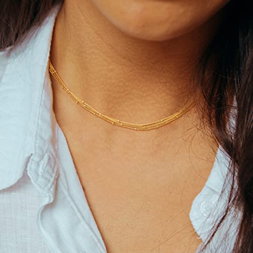 CHESKY 14K Gold Plated Silver Dainty Satellite Choker Necklace for Women | Layered Beaded Chain Necklace, Thin Choker Jewelry, Dainty Gold necklace, Minimalist Trendy Jewelry, Daily Gift for Women - style: 3beads-gold