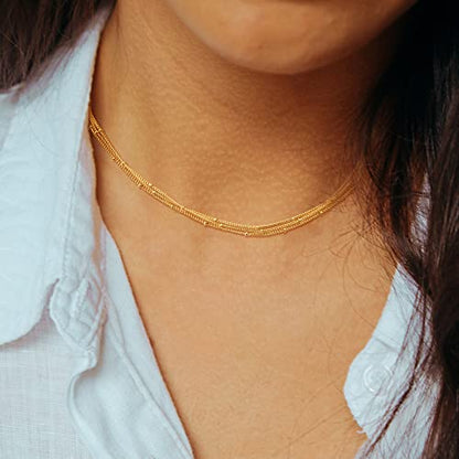 CHESKY 14K Gold Plated Silver Dainty Satellite Choker Necklace for Women | Layered Beaded Chain Necklace, Thin Choker Jewelry, Dainty Gold necklace, Minimalist Trendy Jewelry, Daily Gift for Women - style: 3beads-gold