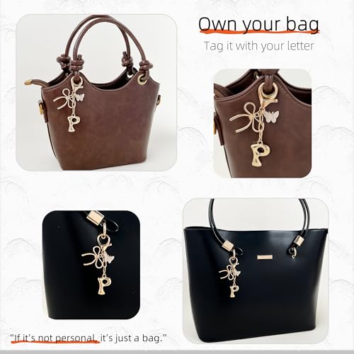 Gold Bubble Heart, Cherry, Bow & More Designs Letter Initial Keychain Bag Charms – Cute Purse Charms for Handbags - color: Bow & Butterfly, style: P