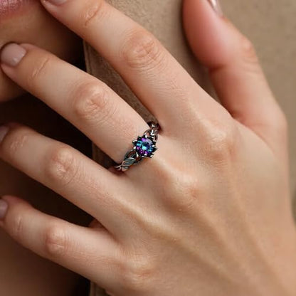 Cubic Zirconia Rings For Women, Gothic Ring Black Flower Crystal Stackable Trendy Floral Eternity Travel Engagement Statement Wedding Birthday Jewelry Gift - color: Goth Black Colorful