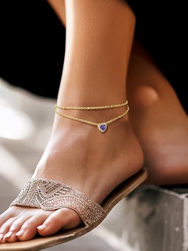 Richsteel Double Layer Heart/Butterfly Birthstone Anklet for Women | Non Tarnish Waterproof, Silver/Gold/Black Stainless Steel 8.5-10.5 Inch Adjustable Chain Anklets Summer Beach Foot Jewelry - color: Gold Heart-02 Feb.(Amethyst)