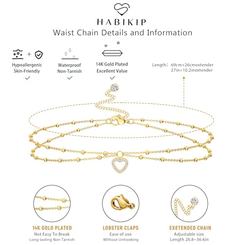 14K Gold Plated Layered Body Waist Chain for Women | Layered Waist Chain with CZ Heart and Pearl Pendant, Belly Chain Belt Jewelry for Women, Bikini Summer Beach Wear - style: Heart Waist Beads Chain