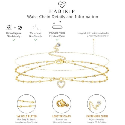14K Gold Plated Layered Body Waist Chain for Women | Layered Waist Chain with CZ Heart and Pearl Pendant, Belly Chain Belt Jewelry for Women, Bikini Summer Beach Wear - style: Heart Waist Beads Chain