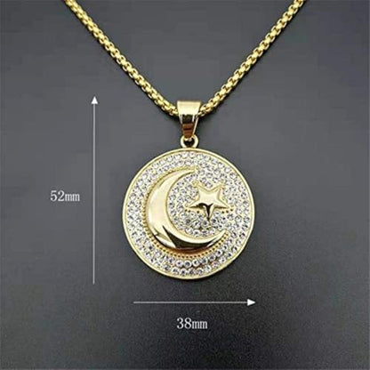 Star and Moon Circle Pendant Necklace for Men and Women, Retro Circle Charm Jewelry, Fashion Jewelry, Daily Wear, Birthday Gifts