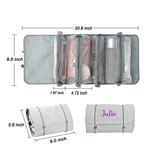Personalized Toiletry Bag Embroidery Roll-Up Cosmetic bag Foldable Portable Travel Organizer Custom Women's Cosmetic Makeup Kits for Women Waterproof (Gray) - color: Gray