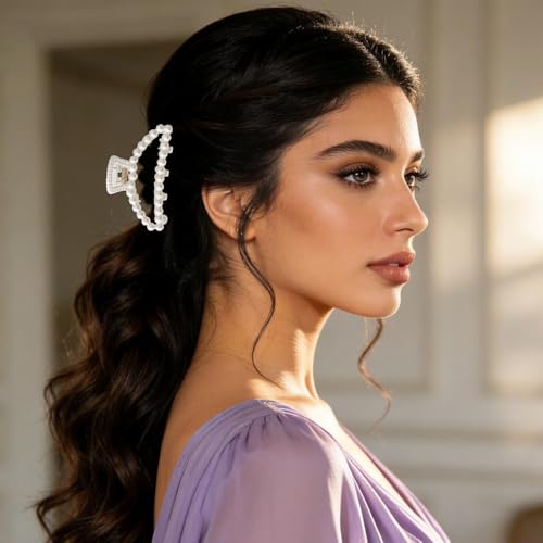 2PCS White Pearl Hair Clips Elegance Pearl Claw Clip Large Non-Slip Hair Claws for Women Girls Strong Hold Jaw Clip for Thick and Thin Hair