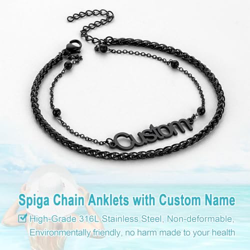 U7 Custom Layered Ankle Bracelets for Women Stainless Steel Bead/Cuban/Figaro/Rope/Wheat Chain Anklet Waterproof Anklet Jewelry for Beach Vacation - color: c-Black-Wheat Chain