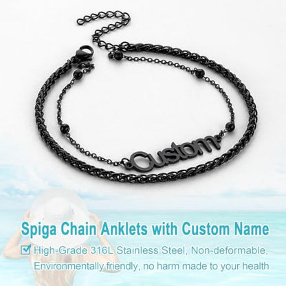 U7 Custom Layered Ankle Bracelets for Women Stainless Steel Bead/Cuban/Figaro/Rope/Wheat Chain Anklet Waterproof Anklet Jewelry for Beach Vacation - color: c-Black-Wheat Chain