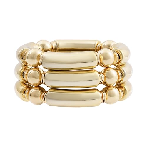 LALAPPLE Gold Plated Beaded Acrylic Bamboo Tube Bangle Bracelets for Women, Colorful Chunky Curved Tube With Gold Plated Pieces Beads Stretch Bracelet Friendship Summer Beach Jewelry - color: Y-gold 3pcs