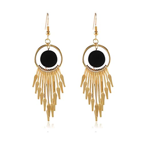 MALOYANVE Long Bohemian Metal Tassel Earrings for Women Fashion Vintage Gold Silver Plated Hollow Round Fan Shaped Conical Arrow Dangle Drop Statement Earrings Jewelry Gifts - color: Gold