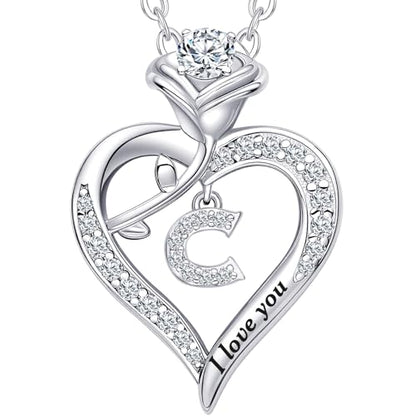 Rose Heart Pendant Necklace Gifts for Wife, Engraved 'I love you' Gift for Wife Girlfriend, Anniversary Birthday Eternity Jewelry Present for Women, Moissanite Necklace Gift for Her - style: C