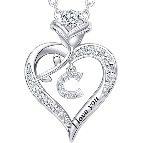 Rose Heart Pendant Necklace Gifts for Wife, Engraved 'I love you' Gift for Wife Girlfriend, Anniversary Birthday Eternity Jewelry Present for Women, Moissanite Necklace Gift for Her - style: C