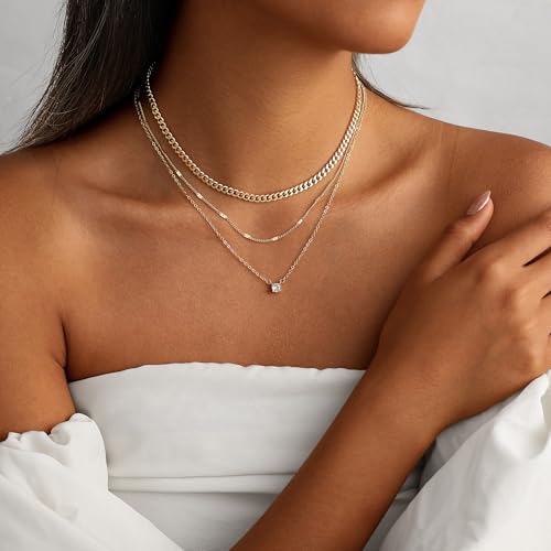 Coshilta Layered Gold Necklaces for Women, 14K Plated Gold Sterling Silver Plated Dainty Pendant Necklace Set with Cubic Zirconia,Stackable Chain Choker,Trendy Personalized Jewelry Gift Non Tarnish - style: C-N0548-CZ