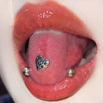14G Stainless Steel Heart Tongue Rings Statement Lettering Tongue Barbell Tongue Piercing Jewelry (Style 1)