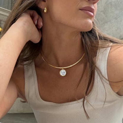 Gold Choker Necklace Dainty 14K Gold Plated Collar Necklace with Cubic Zircon Pendant Necklaces Fashion Minimalist Summer Crystal Collar Necklaces Boho Jewelry - style: CZ Round
