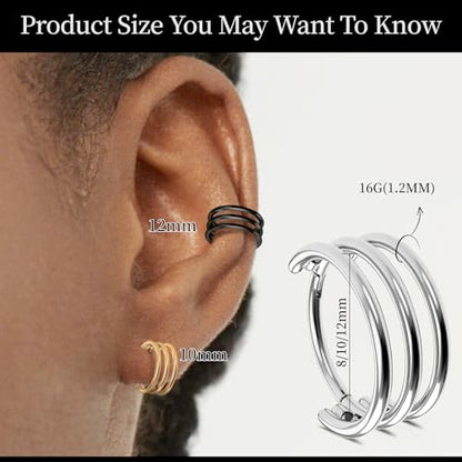 2 PCS Cartilage Earring Double Triple Hoop Nose Ring Titanium Conch Piercing Jewelry - color: Black 1, size: 16g 10mm