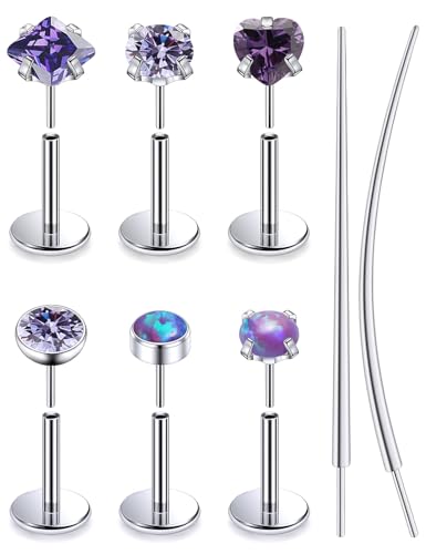 F136 Titanium 20/18/16g Internally Threaded Medusa Monroe Lip Ashley Labret Nose Rings Flat Back Tragus Helix Cartilage Conch Screw Stud Earrings Surgical Steel Piercing Jewelry for Women - color: Purple CZ, size: 18g*1/4in