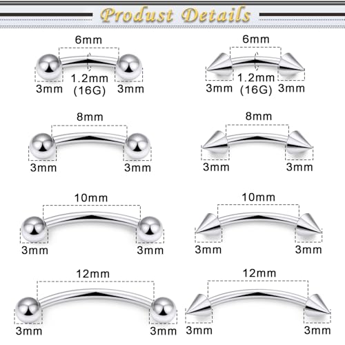 Eyebrow Piercing Jewelry Surgical Steel Vertical Labret Lip Jewelry Curved Barbell Tiny Eyebrow Ring Ear Rook Navel Small Belly Button Ring for Women Men 16g Bar Length 6mm/8mm/10mm/12mm - color: silvertone,ball+spike