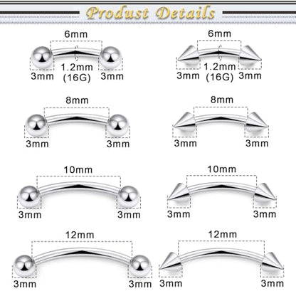 Eyebrow Piercing Jewelry Surgical Steel Vertical Labret Lip Jewelry Curved Barbell Tiny Eyebrow Ring Ear Rook Navel Small Belly Button Ring for Women Men 16g Bar Length 6mm/8mm/10mm/12mm - color: silvertone,ball+spike