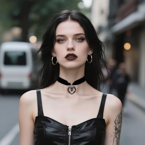 Gothic Black Velvet Goth Choker Necklace for Women,Cameo Black Choker Crow Skull Pendant Necklace Vintage Collar Skull Necklace Gothic Jewelry - style: Heart black red
