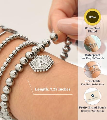 doubgood Gold Bracelets for Women, 14K Gold Plated Stackable Initial Beaded Bracelet with Letter Pendant Waterproof Stretch Trendy Stack Jewelry Set Gifts for Mom Christmas - color: G - Silver