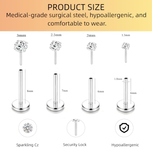 16G 18G 20G Hypoallergenic Threadless Flat Back Nose Studs Women | Medical Steel, CZ 1.5-3mm, Nostril Tragus Helix Piercing, A Secure Fit And Everyday Wear For Sensitive Skin - color: Silver-A