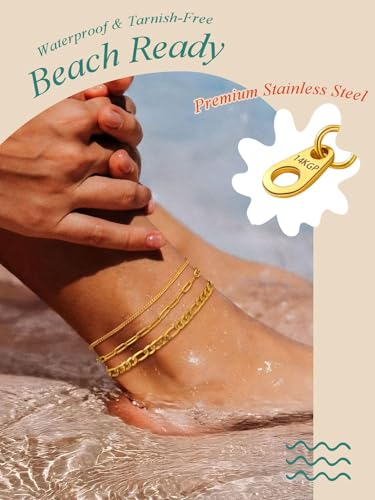 FaithHeart Waterproof Ankle Bracelets for Women, 1/2/3Pcs Non Tarnish Stainless Steel Layered Anklet Set Paperclip Figaro Cuban Link Chain Dainty Summer Beach Jewelry Gift Adjustable Size - style: d.Paperclip Mixed 3Pcs - Gold