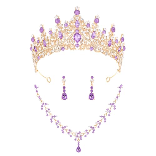 Crystal Crown and Tiara Jewelry Set for Women Bride with Necklace Earrings | Metal Rhinestone Royal Queen Princess Jewelry Set Wedding Quinceanera Pageant Prom Birthday Halloween Party Costume Gift - color: Style E-Gold Purple