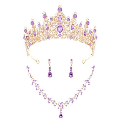 Crystal Crown and Tiara Jewelry Set for Women Bride with Necklace Earrings | Metal Rhinestone Royal Queen Princess Jewelry Set Wedding Quinceanera Pageant Prom Birthday Halloween Party Costume Gift - color: Style E-Gold Purple