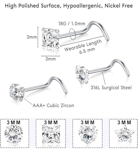 SEEDRILL 8Pcs 20G Nose Rings studs for Woman Hypoallergenic Nose Studs 316L Surgical Steel with Gold Plated Nose Piercings Jewelry 3mm CZ L Shape Nose Rings 20 Gauge Nose Stud Nose Screw Studs - style: 8Pcs/18G/3mm CZ/Screw Shape/Silver
