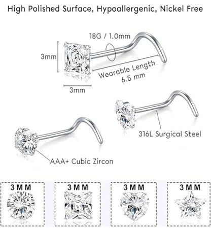 SEEDRILL 8Pcs 20G Nose Rings studs for Woman Hypoallergenic Nose Studs 316L Surgical Steel with Gold Plated Nose Piercings Jewelry 3mm CZ L Shape Nose Rings 20 Gauge Nose Stud Nose Screw Studs - style: 8Pcs/18G/3mm CZ/Screw Shape/Silver