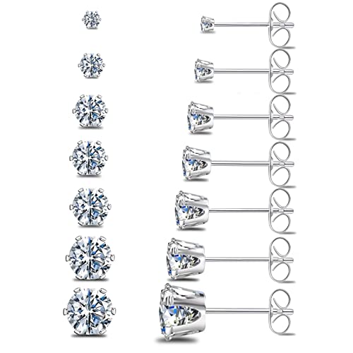 Silver Gold Black Stud Earrings Set 7Pairs Hypoallergenic Cubic Zirconia Titanium Stainless Steel Silver Rose Gold Black CZ Cartilage Stud Earrings Jewelry Sets for Women Men, 2-8mm CZ Stud Earrings - color: 7 Pairs Shiny Silver Stud Earrings