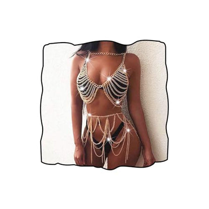 Chain Bra Rave Outfits for Women Gold Chain Skirt Layered Body Chain Set Bra Jewelry Beach Belly Chains (Bra + Skirt)