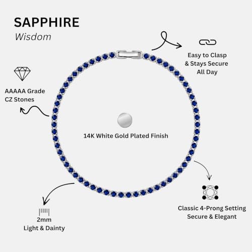 Tennis Bracelets for Women 2mm Dainty 14K Gold Plated CZ | 5A cubic zirconia, 4 prong sparkle, birthstone colors, 6.5-7.5 inches, fold over clasp, tarnish resistant, waterproof - color: Sapphire Blue