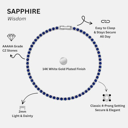 Tennis Bracelets for Women 2mm Dainty 14K Gold Plated CZ | 5A cubic zirconia, 4 prong sparkle, birthstone colors, 6.5-7.5 inches, fold over clasp, tarnish resistant, waterproof - color: Sapphire Blue