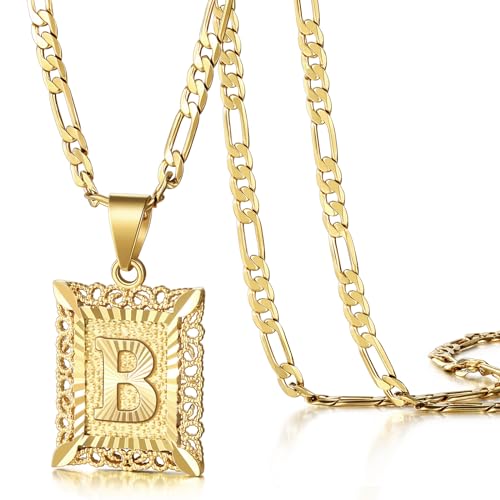 KissYan Initial Letter Pendant Necklace for Men Women, 14K Gold Plated Square Capital Monogram Necklace Alphabets from A-Z Figaro Chain Jewelry | 14K Gold Filled/White Gold Plated, Square Letter Capital Monogram Pendant with 20''+2'' Figaro Chain, Alphabe