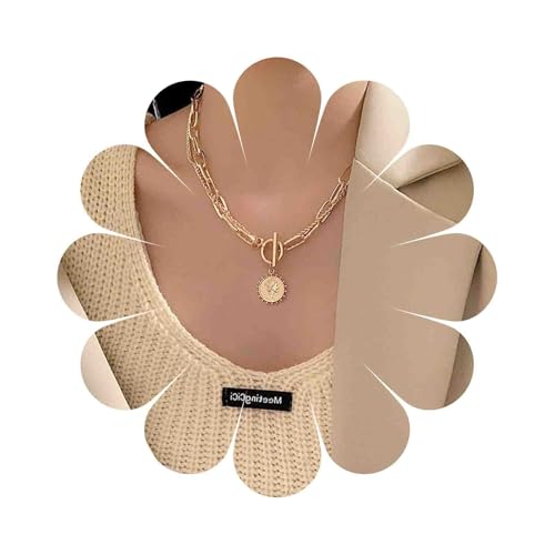 Punk Layered Toggle Necklace Choker Gold Paperclip Chain Necklace Toggle Bar Clasp Necklace Vintage Coin Disc Pendant Necklace Chain Jewelry for Women Gift