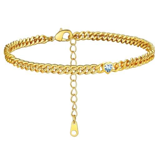 KeyStyle GoldChic Gold Round Heart Ankle Bracelet with Birthstone For Women, 12 Months Sparkling Crystal Anklet Anniversary Jewelry for Her, Birthday Chains for Mother