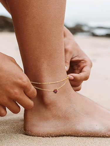 FindChic Bling Heart Birthstone Anklets Layered Beaded Ankle Bracelets for Women Gold/Black/Silver 12 Month Gem Colors Foot Chain Summer Jewelry for Girls, with Gift Box - color: Gold, style: 01. Jan.-Created Garnet (Prong Setting)