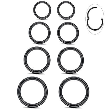 LOYALLOOK 8Pcs G23 Titanium Hinged Clicker Segment Nose Rings Hoop Septum Nose Lip Ring Hoop for Women Men Helix Cartilage Daith Tragus Sleeper Earrings Body Piercing Improved 16G - color: 16G-Black