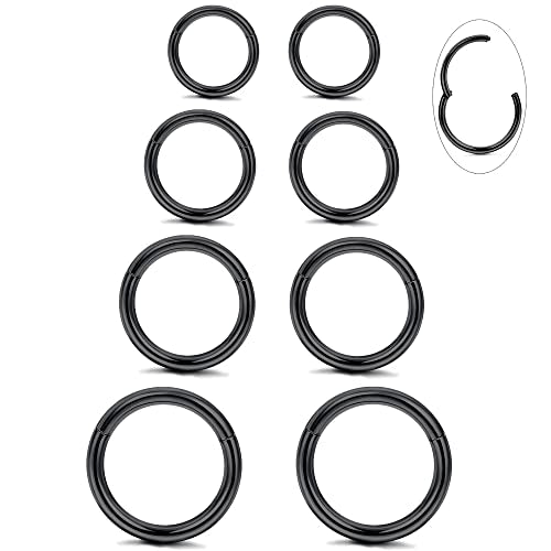 LOYALLOOK 8Pcs G23 Titanium Hinged Clicker Segment Nose Rings Hoop Septum Nose Lip Ring Hoop for Women Men Helix Cartilage Daith Tragus Sleeper Earrings Body Piercing Improved 16G - color: 16G-Black
