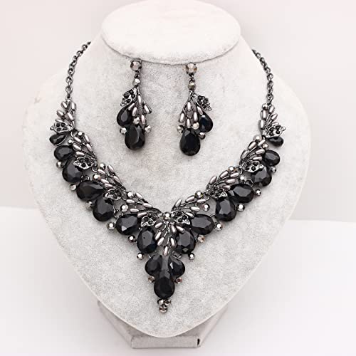 Jewelry Set for Women, Statement Necklace Dangle Earrings Bracelet Ring, White/KC Gold Plated Jewelry Set with Rhinestone Pearl Crystal Wedding Party Jewelry for Bridal Bridesmaid - color: All Black-Jet