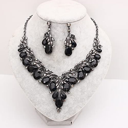 Jewelry Set for Women, Statement Necklace Dangle Earrings Bracelet Ring, White/KC Gold Plated Jewelry Set with Rhinestone Pearl Crystal Wedding Party Jewelry for Bridal Bridesmaid - color: All Black-Jet